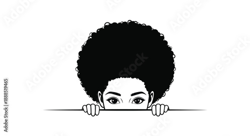 A striking black and white depiction of a woman s afro hairstyle peeking over a line creating a bold silhouette high quality professional detailed