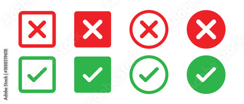 Check mark icons. green check mark and red cross mark icon set. green tick and red x. Symbols of approval and Decline, vector illustration.