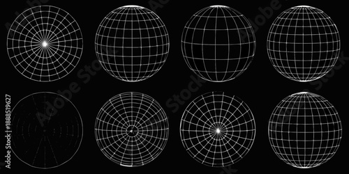 Six geometric egg shaped wireframe illustrations against a black background