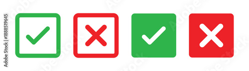 Checkmark x mark icon. Green checkmark and red x sign. Correct error vector symbol isolated on white background. Vote checkmark in circle and square box.