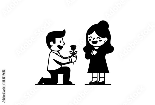 Cute Cartoon Marriage Proposal Illustration with Kneeling Man Giving Rose to Woman