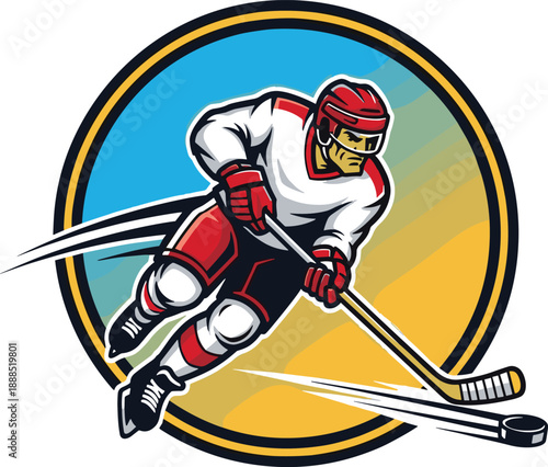 Hockey player illustration, red helmet, white jersey, skating action, puck control, dynamic pose, sports vector, cartoon style, ice hockey, mascot