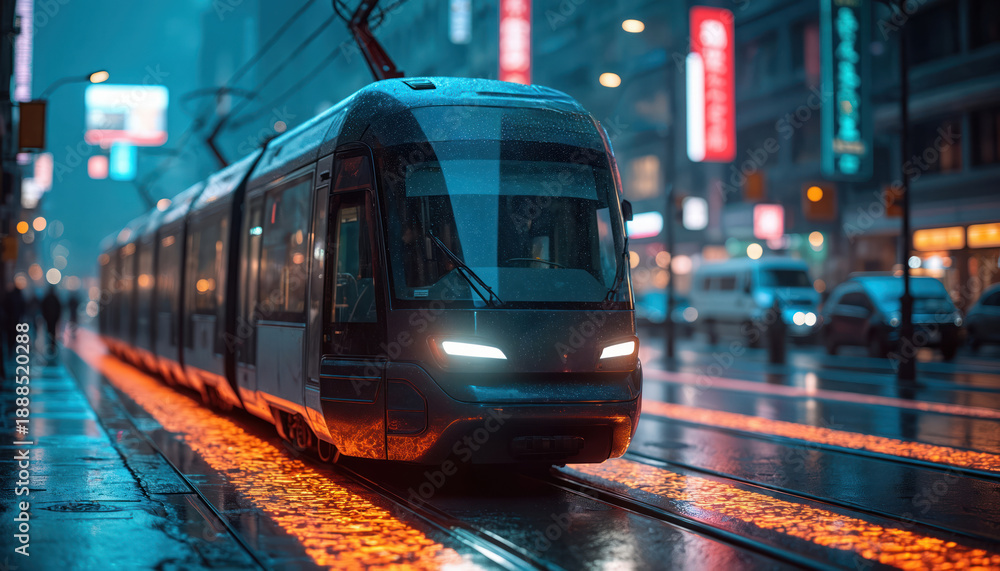Modern tram moves on tracks in rainy city at night. Neon lights reflect on wet street. Futuristic transport system travels through urban setting with blurred cars.