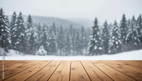 Winter Wonderland from the table top: Experience the calm of a wintry scene, where the beauty of snow-laden trees are set against a backdrop of a snowy sky, viewable from a wooden table.