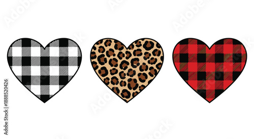 Three heart shapes display varied patterns of buffalo check leopard print and gingham a striking silhouette high quality professional detailed modern