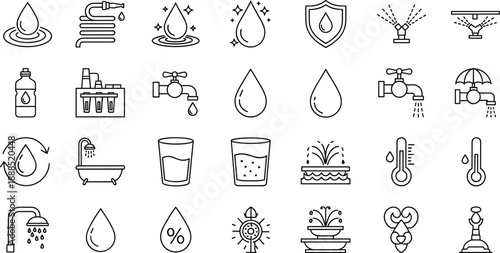 Water icons, plumbing tools, faucet, shower, bathtub, sprinkler, fountain, water droplet, hose, recycling, purity, pressure, filtration, conservation, glass, temperature, infrastructure
