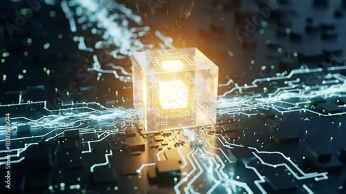Abstract glowing cube surrounded by circuit board patterns, symbolizing advanced technology.