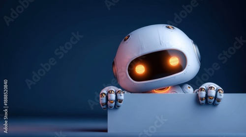 Friendly Robot with Sign: A cute and curious robot peers over a blank sign. With glowing eyes and a sleek design.