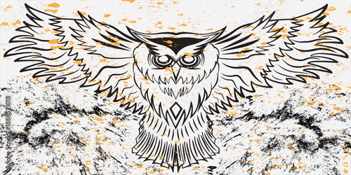 Abstract owl illustration with spread wings in grunge style, symbol of wisdom, strength, and mystery