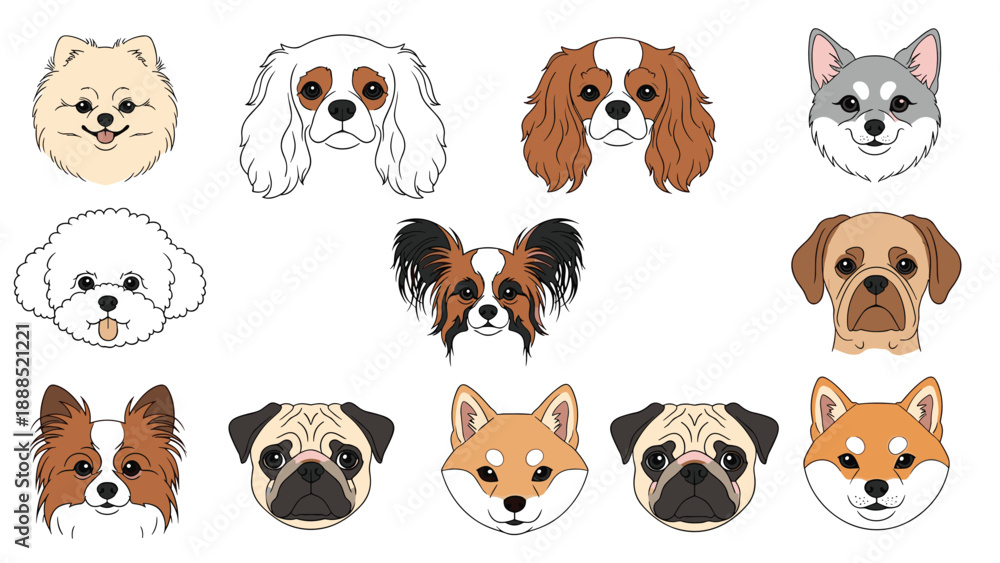 Obraz premium Grid of diverse dog breed faces including Pugs and Shibas showcases a wide range of canine expressions and unique breed features.