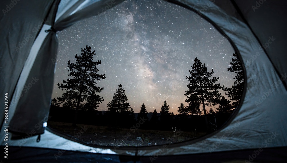Obraz premium View from inside a tent looking out at the Milky Way galaxy over pine trees at night, concept of astrophotography and camping travel.