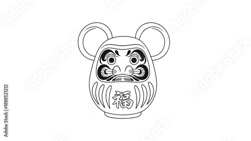 Traditional Japanese Daruma doll designed with mouse ears and the kanji for fortune celebrates the Chinese zodiac year of the rat.