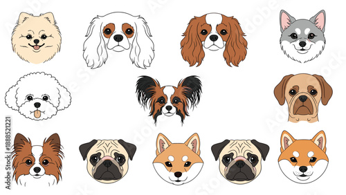 Grid of diverse dog breed faces including Pugs and Shibas showcases a wide range of canine expressions and unique breed features.