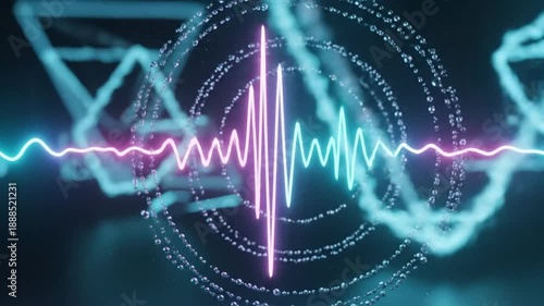 Abstract neon waveform illustration with glowing lines and geometric shapes on dark background.