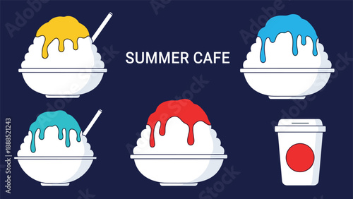 Refreshing assortment of shaved ice desserts with various fruit syrups and a takeaway coffee cup represent a cool summer cafe menu.