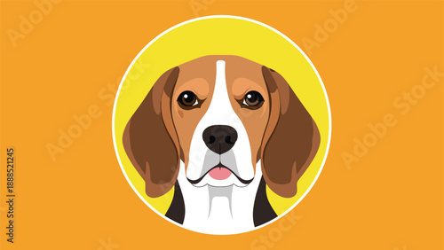 Detailed portrait of a Beagle dog face framed within a yellow circle conveys the curious and friendly personality of the popular breed.