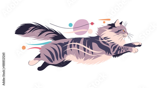 Long-haired tabby cat leaps gracefully through the air amidst colorful abstract lines representing speed and feline agility.