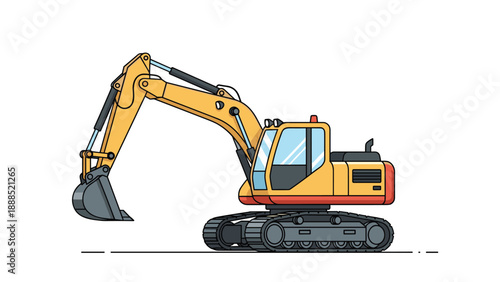 Heavy-duty yellow construction excavator on tracks is shown from the side illustrating the power and utility of industrial machinery.