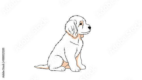 Gentle white puppy with light brown patches sits quietly and looks off to the side in a simple and charming animal illustration.
