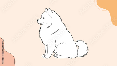 Side view of a fluffy white samoyed dog sitting against a light peach background with abstract organic shapes.