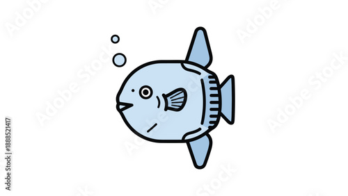 Cute cartoon illustration of a blue ocean sunfish or mola mola swimming with small bubbles on a white background.