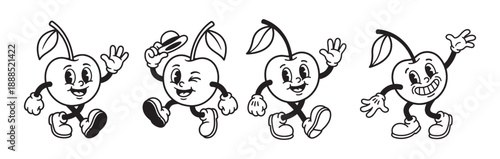 Retro Cartoon Cherry Fruit Characters Mascot Vector Set