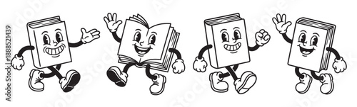 Retro Cartoon Book Characters Mascot Vector Set for Education