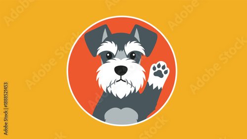 Portrait of a cute schnauzer dog waving its paw inside an orange circle against a bright yellow background.