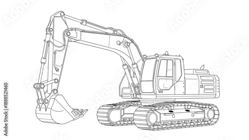 Detailed line art drawing of a heavy duty hydraulic excavator used in construction and mining on a white background.