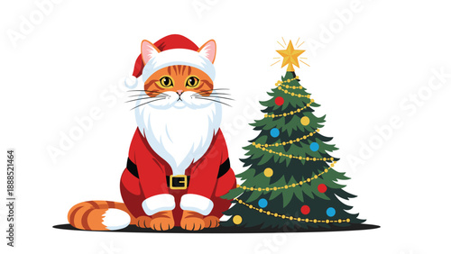 Adorable ginger tabby cat dressed in a red santa claus costume sitting next to a decorated christmas tree.