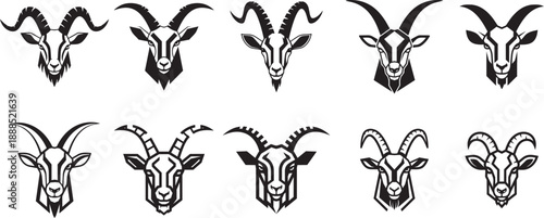 A collection of ten stylized black and white goat head logos and icons, featuring various horn designs and facial expressions, suitable for branding or design projects.
