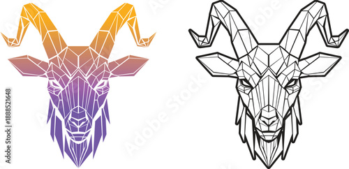 Geometric low-poly goat head illustration with a vibrant gradient color scheme and a contrasting black outline version.