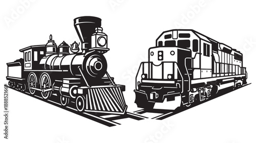 vintage steam and modern diesel locomotives vector illustration