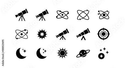 Collection of space and astronomy icons including telescopes, planets, moons, stars, atoms, and suns for science and discovery