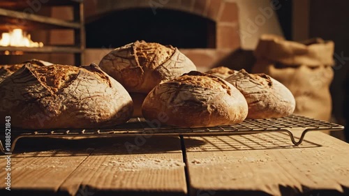 Golden crusts of freshly baked artisan loaves resting on a wire rack in a rustic bakery setting with a warm oven glow