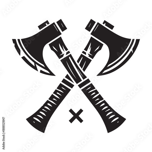 Crossed black battle axes with handles and sharp blades vector icon