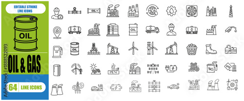 Oil & Gas line icon set. Containing fuel, refinery, petroleum, oil well, gas pump, offshore platform, lubricant, oil barrel and more. Editable stroke. Vector illustration