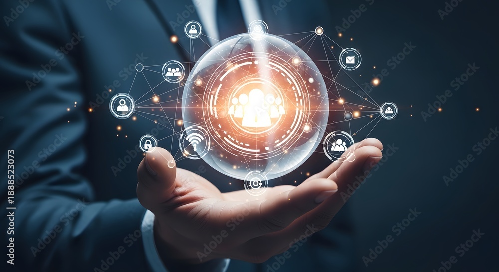Fototapeta premium Businessman holding a glowing orb with interconnected icons