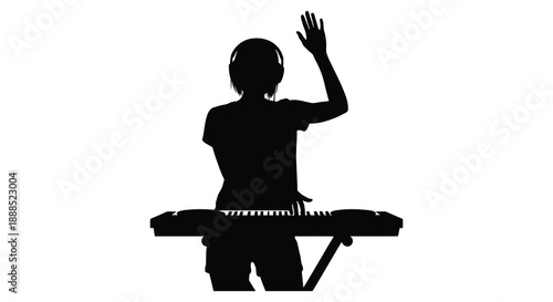 A dj stands behind equipment raising one hand in greeting or performance presented as a striking silhouette high quality professional detailed