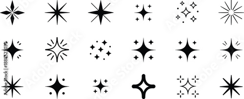 Black sparkle icons, starburst vector set, twinkle graphic elements, decorative shine symbols, minimal design, UI embellishment, clean star clipart