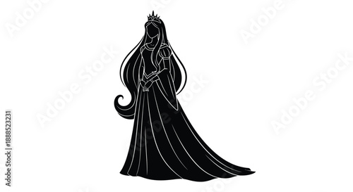 A regal woman with long flowing hair and an ornate gown is depicted in a striking black silhouette high quality professional