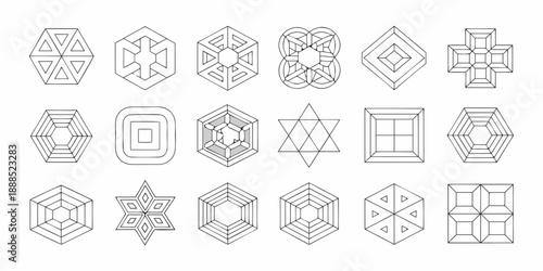 Collection of intricate geometric shapes and line art designs in black and white