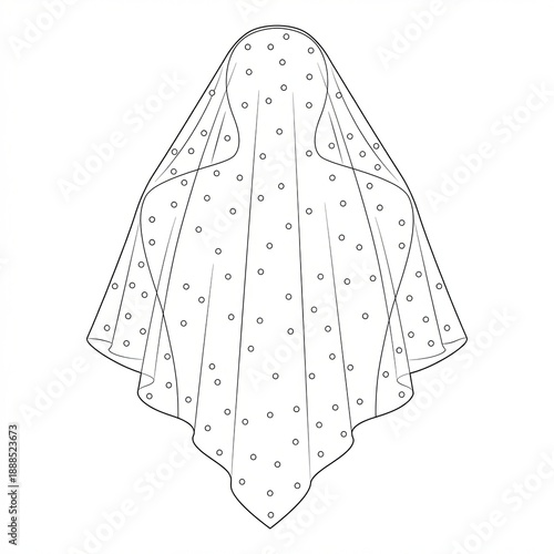 Flat technical drawing of a tulle veil with scattered pearls isolated on white background. Textured sketch.