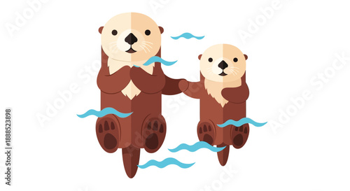 Two playful sea otters float on their backs paws clasped enjoying the water with gentle waves a charming silhouette