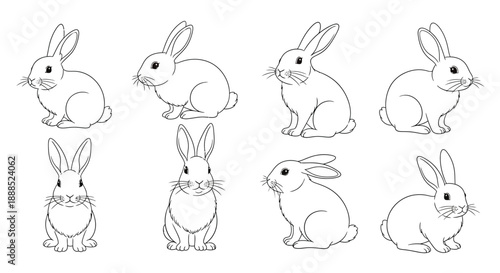 A collection of six rabbits depicted in a simple linear style showcasing various poses and orientations silhouette high quality professional detailed