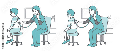 スクラブを着用した女性医療従事者による男の子の背中の聴診イラストセット（正常・異常/体調不良）