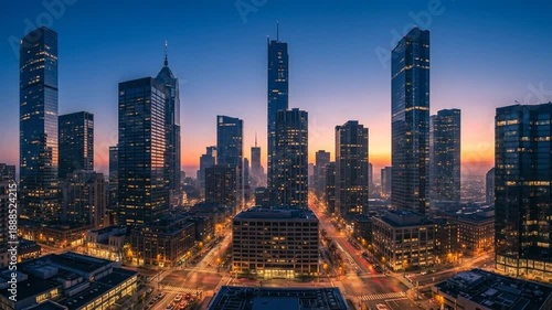 Panoramic view of a modern city skyline at dusk with illuminated streets.
