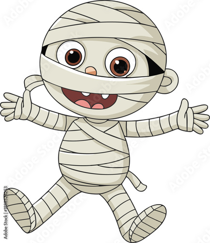 Cartoon mummy character, Halloween illustration, playful design, bandages costume, spooky figure, children’s media, festive art, cheerful monster, fun