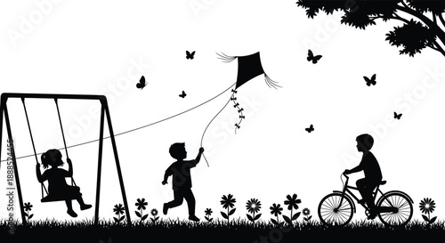 A playful scene depicts children enjoying a swing kite flying and cycling against a floral backdrop all in silhouette high quality