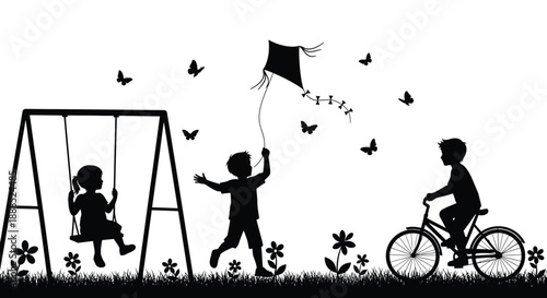 A playful scene depicts children with a kite swing set and bicycle rendered as a striking silhouette high quality professional detailed